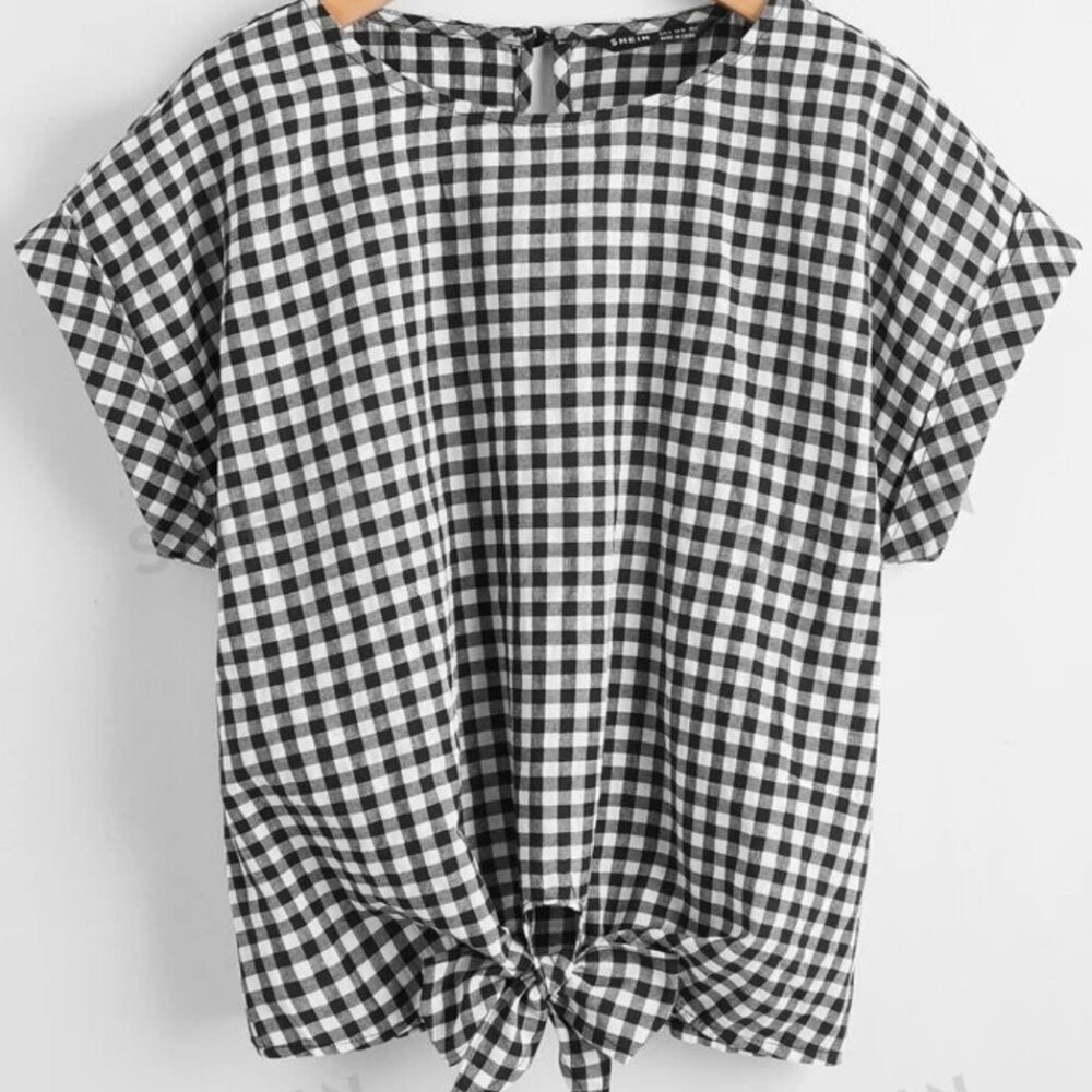 SHEIN Batwing Sleeve Knot Hem Black and White Gingham Top